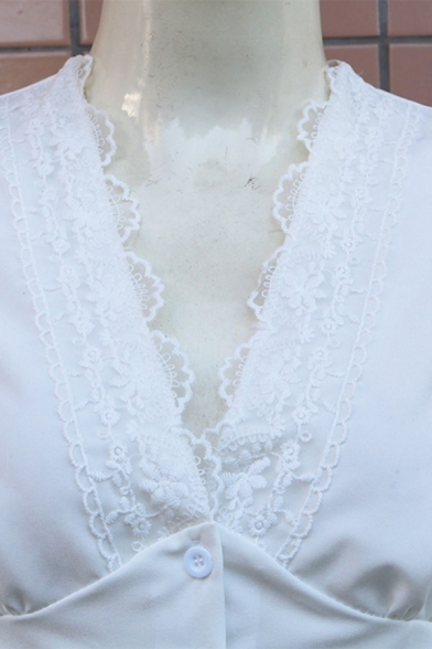 Funky White Shirt V-Neck Button Up Lace Decorated Regular Fit Shirt