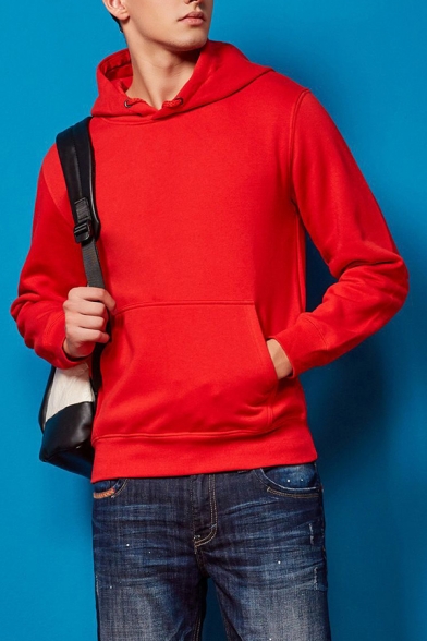 Guy's Hoodie Solid Color Long Sleeves Regular Hooded Drawstring Pocket Detailed Hoodie