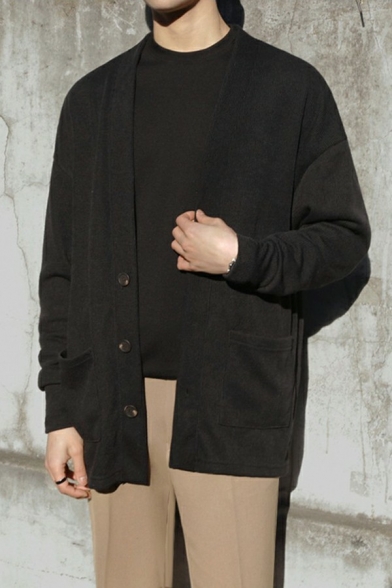 Guy's Trendy Cardigan Plain Pocket V Neck Collar Oversized Long Sleeve Button Up Cardigan