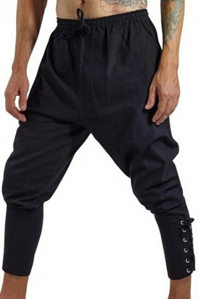 Guys Edgy Pants Plain Lace-up Design Drawstring Waist Mid Rise Long Length Harlan Pants
