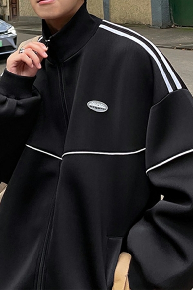 Guys Modern Style Jacket Side Stripe Pattern Stand Collar Long Sleeve Baseball Jacket