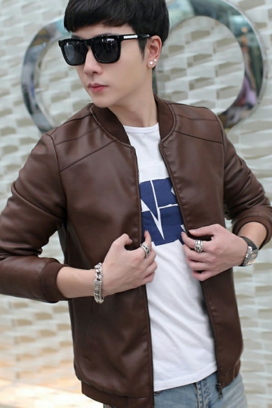 Hot Jacket Pure Color Pocket Long Sleeve Stand Collar Fitted Zipper Leather Jacket for Men