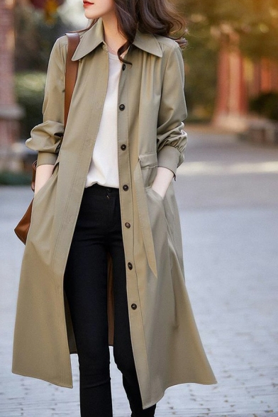 Leisure Ladies Trench Coat Solid Turn Down Collar Single Breasted Bow Tied Waist Long Sleeve Long Straight Trench Coat