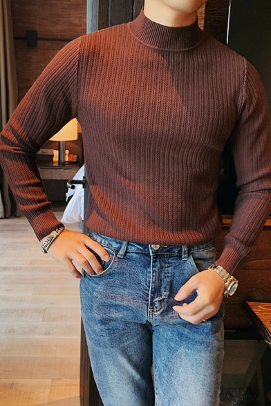 Leisure Men's Sweater Solid Color Rib Cuffs Long Sleeve Mock Neck Regular Pullover Sweater