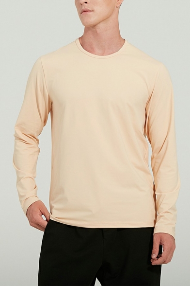 Men's Simple T-Shirt Long Sleeve Round Neck Regular Fit Solid Color T-Shirt