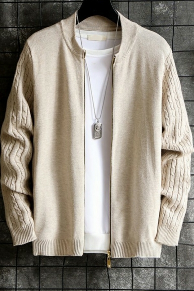 Pop Mens Cardigan Pure Color Regular Fit Cable Knit Round Collar Zip Fly Cardigan