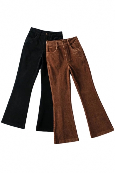 Retro Ladies Corduroy Pants Plain Zipper Fly High Waist Long Length Bootcut Pants