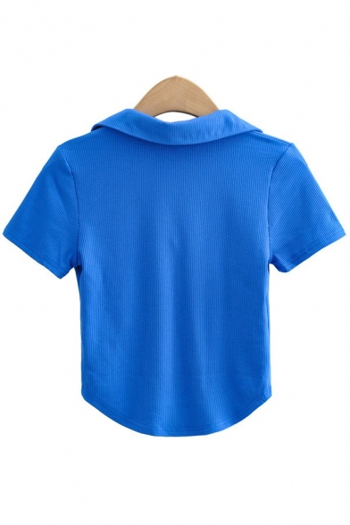 Sexy Womens Polo Shirt Solid V-Neck Short Sleeve Slim Cropped Polo Shirt