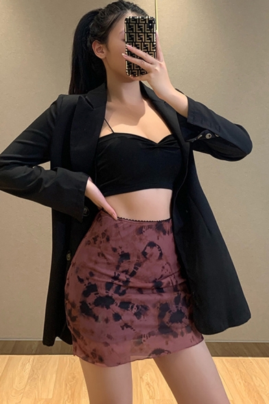 Stylish Bodycon Skirt Tie-Dye Print Ruffles Hem Mesh Mini Skirt for Women
