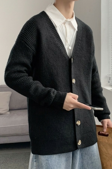 Stylish Cardigan Pure Color V Neck Long-Sleeved Regular Fitted Button Closure Cardigan