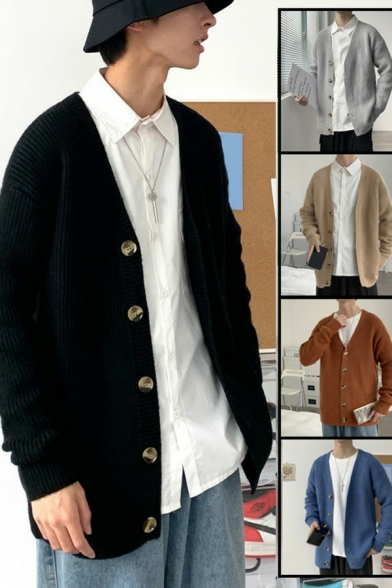Stylish Cardigan Pure Color V Neck Long-Sleeved Regular Fitted Button Closure Cardigan