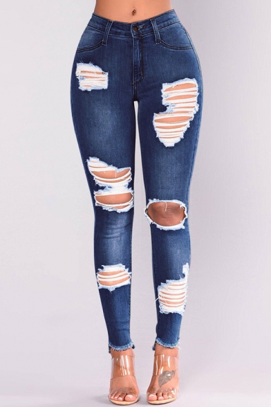Trendy Womens Jeans Distressed Zipper Fly Mid Waist Full Length Super Skinny Jeans