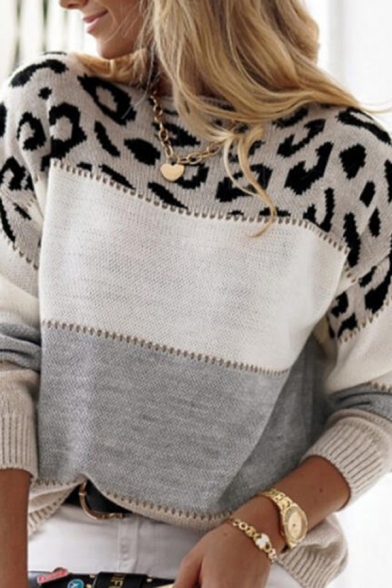 Trendy Womens Sweater Leopard Pattern Round Neck Long Sleeve Relaxed Sweater