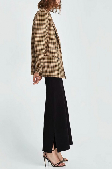 Vintage Ladies Blazers Plaid Notched Lapel Double Breasted Long Sleeve Slim Suit Jacket