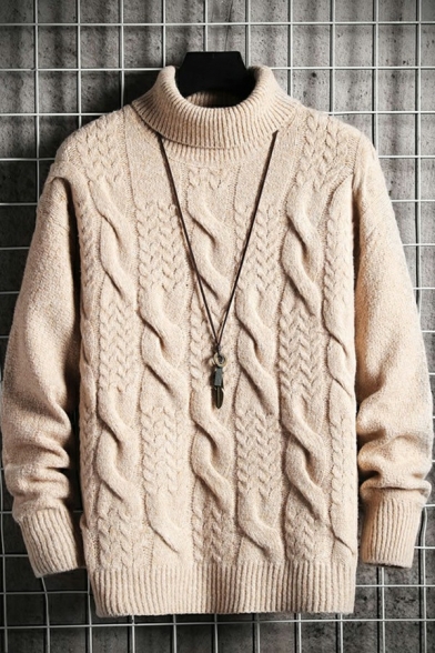 Vintage Men's Sweater Cable Knit Ribbed Trim Turtle Neck Long Sleeve Relaxed Fit Sweater