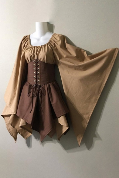 Vintage Renaissance Womens Dress Corset Skirt Tie Front Flare Sleeve Overskirt