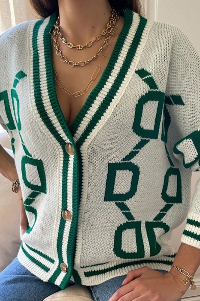 Womens Fancy Knit Cardigan V-Neck Contrast Trim Button Down Regular Long Sleeve Cardigan