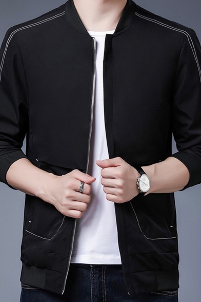 Basic Contrast Line Mens Jacket Zip Closure Pockets Detail Stand Collar Regular Fit Jacket