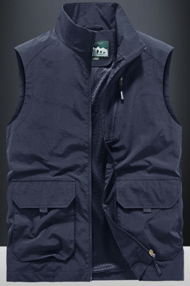 Basic Men Vest Stand Collar Solid Color Zip Zip Regular Fit Vest with Pocket