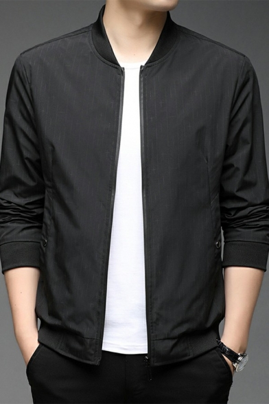 Basic Plain Mens Jacket Zip Closure Pockets Detail Stand Collar Regular Fit Jacket