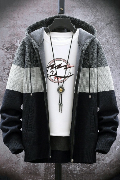 Boy's Street Style Cardigan Color Block Pocket Fitted Long Sleeve Drawcord Zipper Cardigan