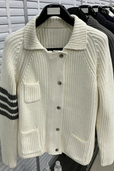 Boy's Street Style Cardigan Contrast Stripe Regular Long Sleeve Button Closure Cardigan