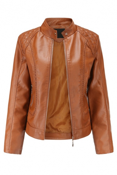 Casual Womens Leather Jacket Plain Stand Collar Zipper Placket Long Sleeve Slim Fit PU Jacket