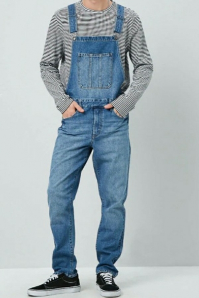 Classic Mens Denim Overalls Solid Color Slim Fit Overalls with Pocket