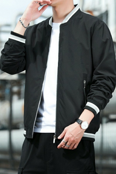 Creative Boys Jacket Contrast Line Stand Collar Long Sleeve Fitted Zip Up Baseball Jacket