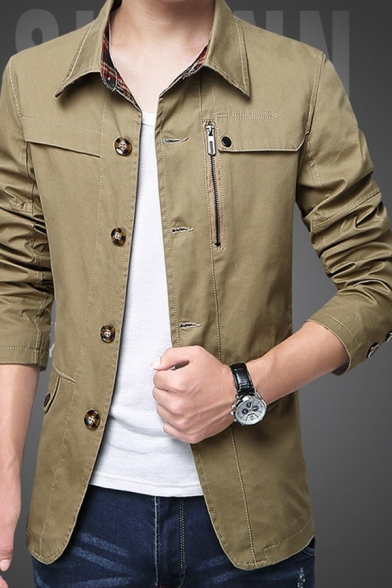 Fancy Coat Solid Turn-down Collar Regular Long-Sleeved Button Fly Trench Coat for Guys