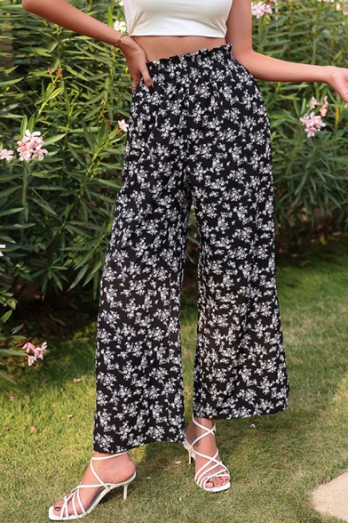 Fancy Womens Pants Floral Pattern Elastic Waist High Rise Split Hem Flared Crop Pants