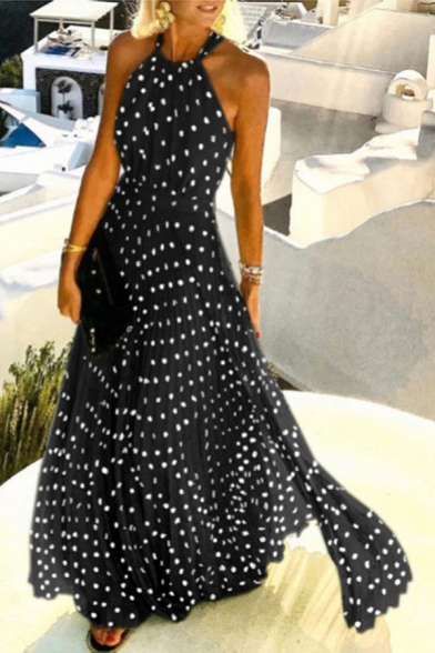 Fashion Womens Dress Floral Print Sleeveless Pleated Detail Halter Beach Dress
