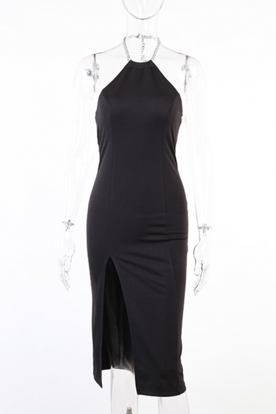 Funky Black Halter Dress Split Side Midi Dress for Women