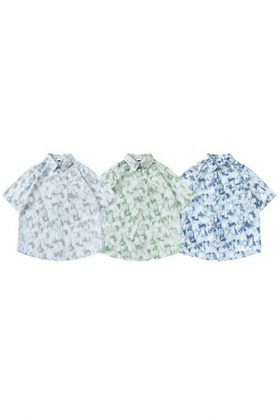 Leisure Boys Shirt Tie-Dye Pattern Short Sleeve Turn-down Collar Loose Fit Button Shirt