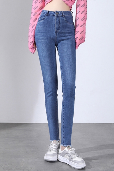Leisure Ladies Jeans Darkwash Blue Zip Fly High Rise Fringe Hem Ankle Length Skinny Jeans