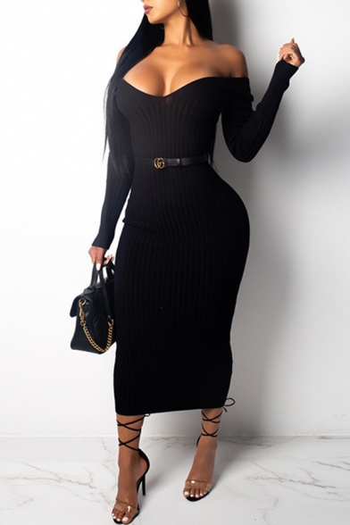 Leisure Solid Color Ladies Knit Dress Off Shoulder Long Sleeve Bodycon Knit Dress