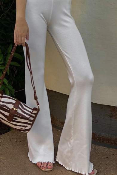 Leisure Womens Pants High Waist Ruffles Hem Long Length Bootcut Pants in White