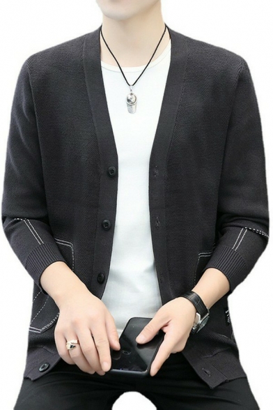 Mens Pop Cardigan Pure Color V-Neck Long Sleeves Regular Fit Button down Cardigan
