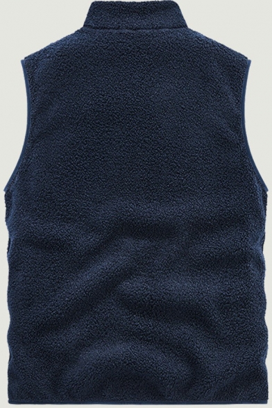 Pop Vest Solid Color Pure Color Stand Neck Relaxed Zip Closure Inner Fleece Vest for Men