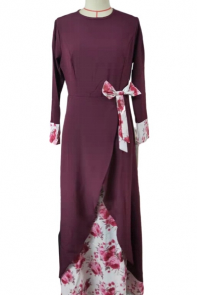Retro Womens Dress Ditsy Floral Patchwork Crew Neck Long Sleeve Bow Detail Maxi A-Line Dress