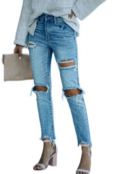 Street Style Girls Jeans Midwash Blue Zip Fly High Rise Distressed Hole Ankle Length Straight Jeans
