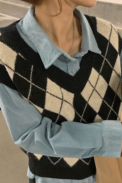 Stylish Argyle Pattern Vest Rib Trim V-Neck Loose Fit Sleeveless Knit Vest for Women