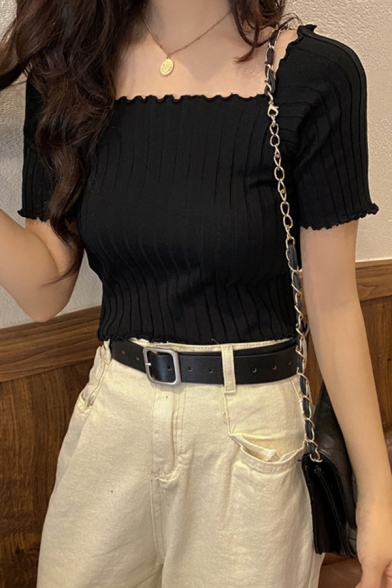 Stylish Crop Top Shirt Square Neck Short Sleeve Ruffle Detail Slim Fit Cropped T-Shirt for Women