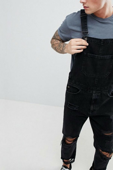 Stylish Mens Overalls Distressed Ripped Detail Slim Fit Denim Bib Overalls with Pocket