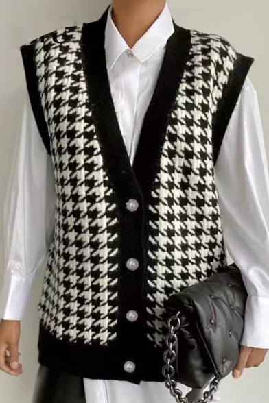 Stylish Womens Knit Vest V-Neck Houndstooth Pattern Sleeveless Regular Fit Knit Vest