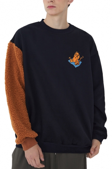 Trendy Mens Sweatshirt Cartoon Print Round Neck Long-Sleeved Regular Fit Sweatshirt