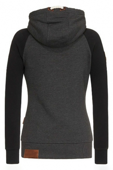 Trendy Womens Hoodie Color Block Raglan Sleeve Zip Up Drawstring Straight Sweatshirt