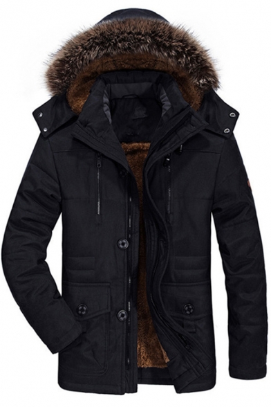Vintage Mens Coat Pure Color Zip Closure Fleece-Lined Pocket Detail Long Sleeve Regular Fit Coat with Hood