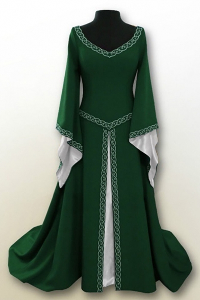Vintage Womens Dress Solid Long Flare Sleeve Scoop Neck Split Design Floor Length A-Line Dress