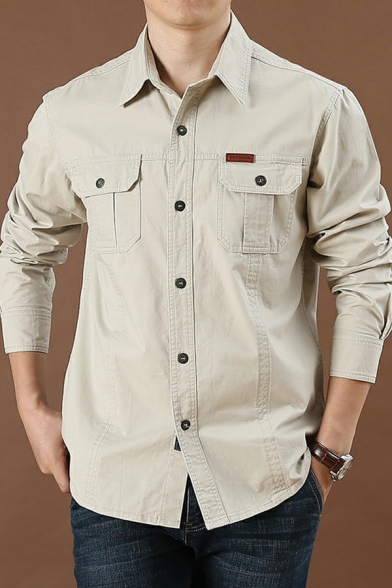 Basic Mens Shirt Solid Color Long Sleeve Button Closure Turn-down Collar Regular Fit Shirt